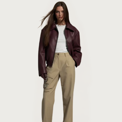 Woverley | Chic Faux Leather Long Sleeve Bomber Jacket for Women