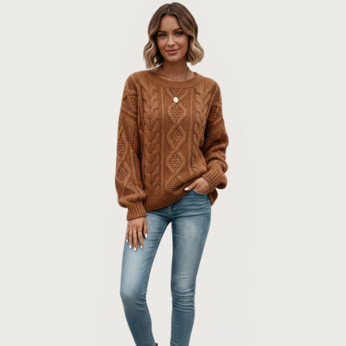 Woverley | Women's Cable Knit Wool Sweater – Elegant Round Neck Design