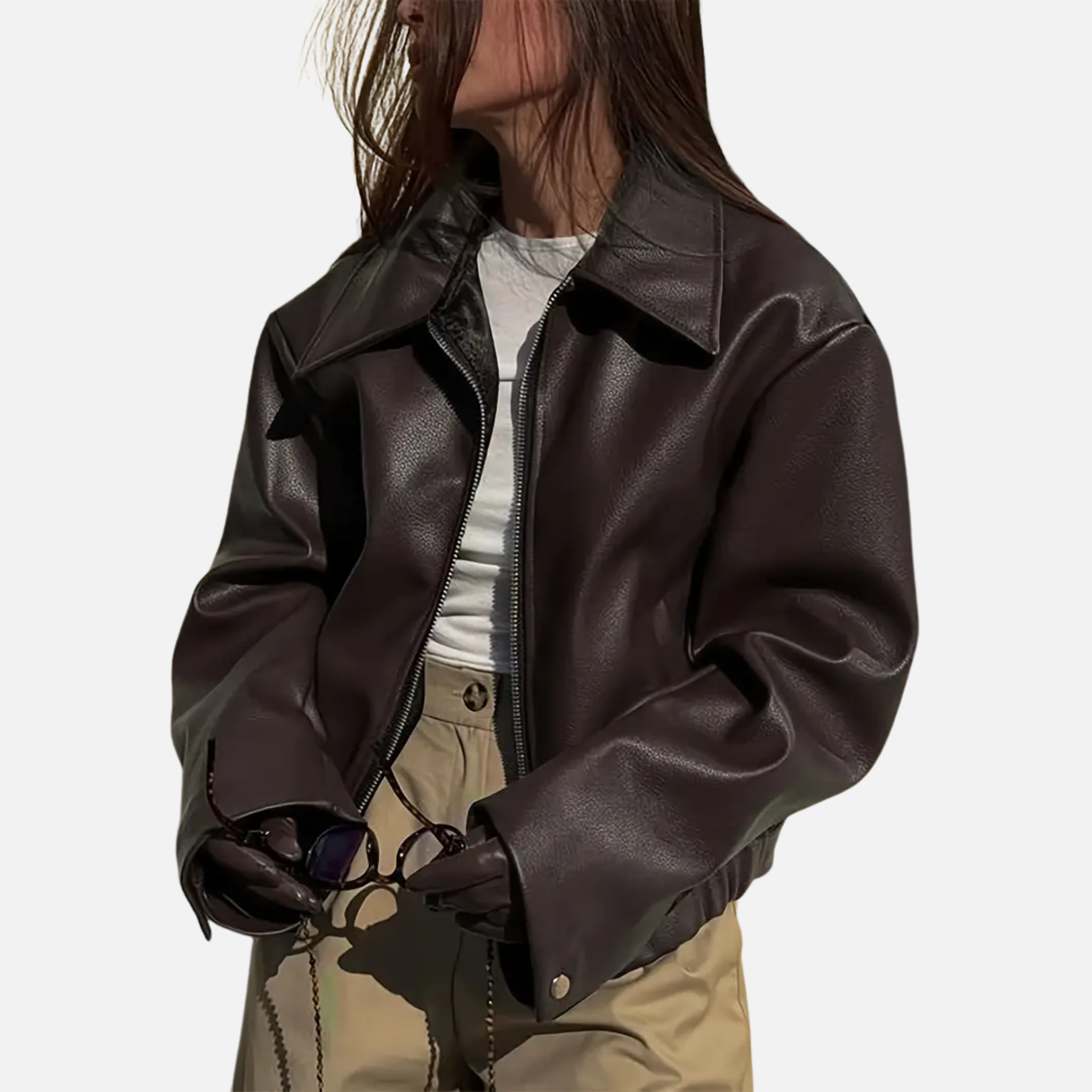 Woverley | Chic Faux Leather Long Sleeve Bomber Jacket for Women