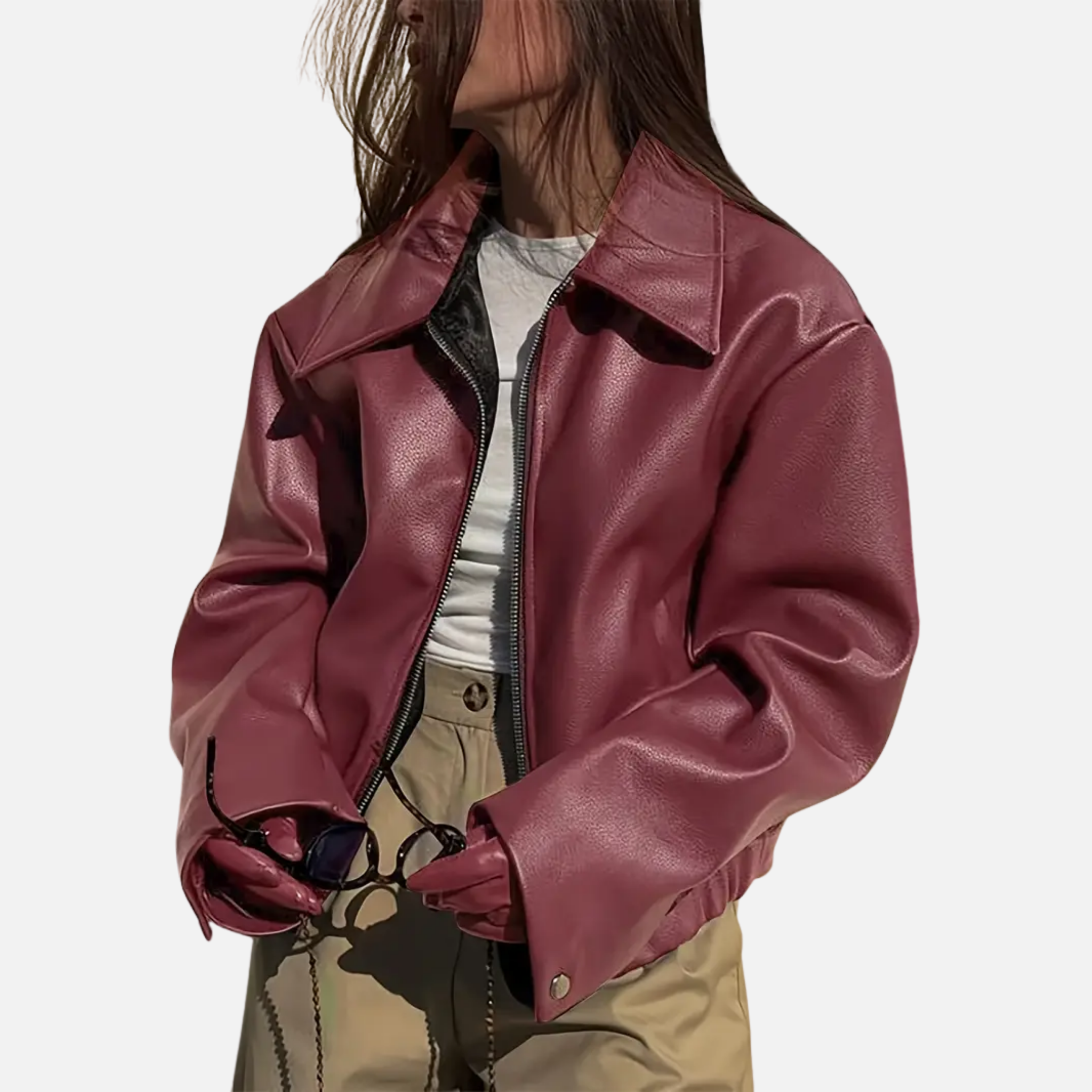 Woverley | Chic Faux Leather Long Sleeve Bomber Jacket for Women