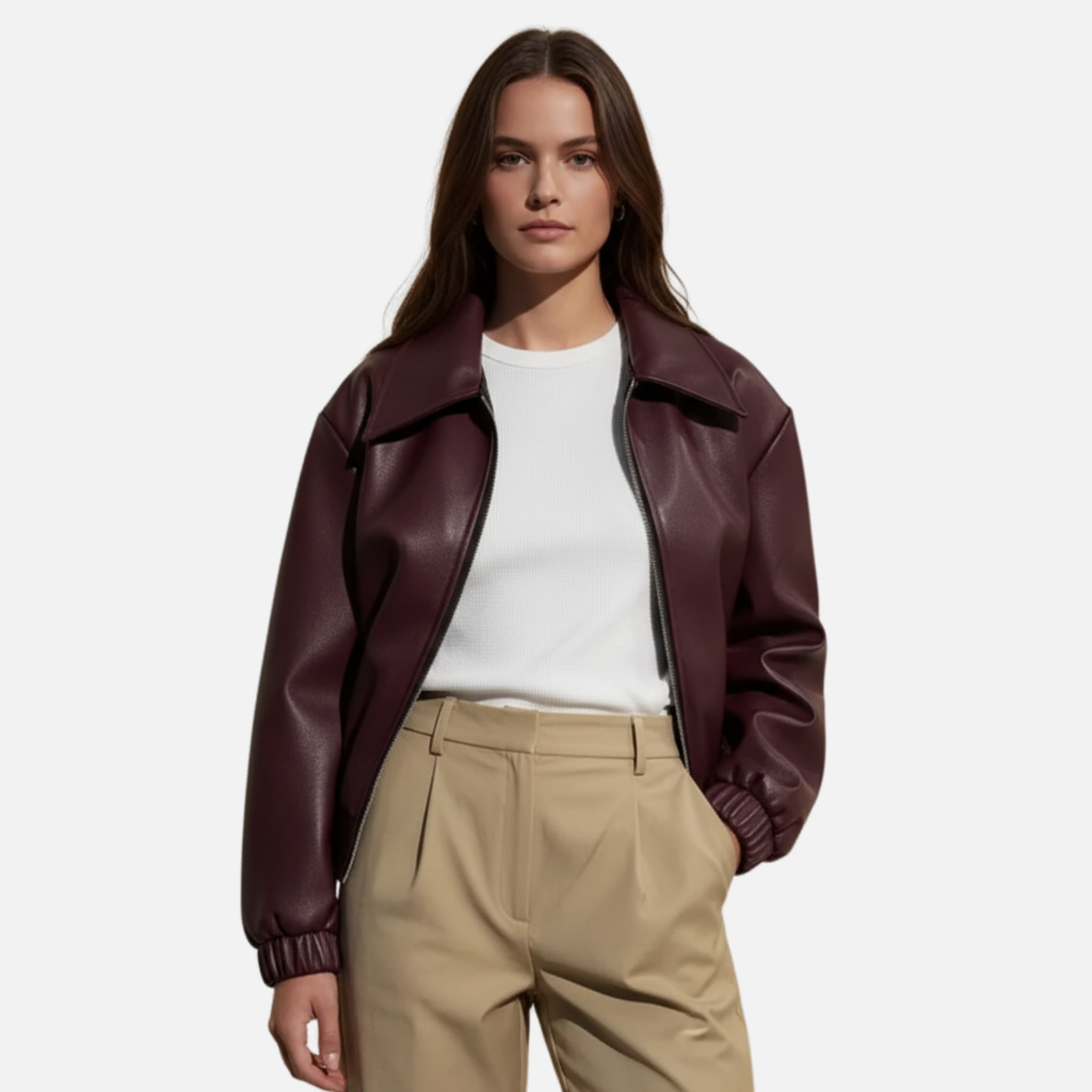 Woverley | Chic Faux Leather Long Sleeve Bomber Jacket for Women
