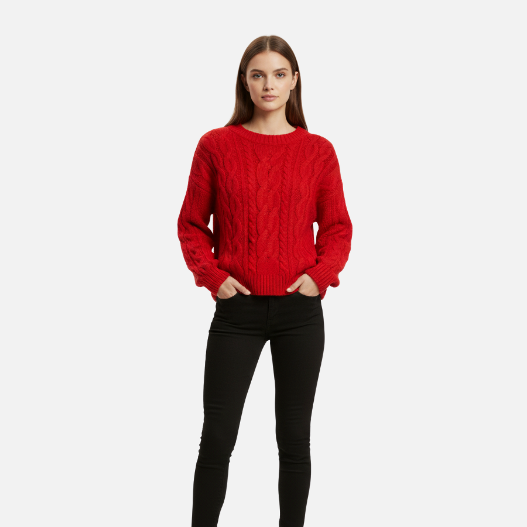 Women's Cable Knit Wool Sweater – Elegant Round Neck Design