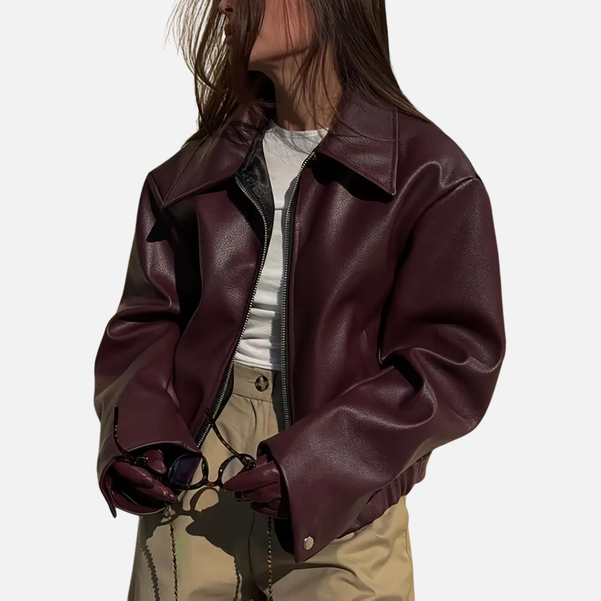 Woverley | Chic Faux Leather Long Sleeve Bomber Jacket for Women