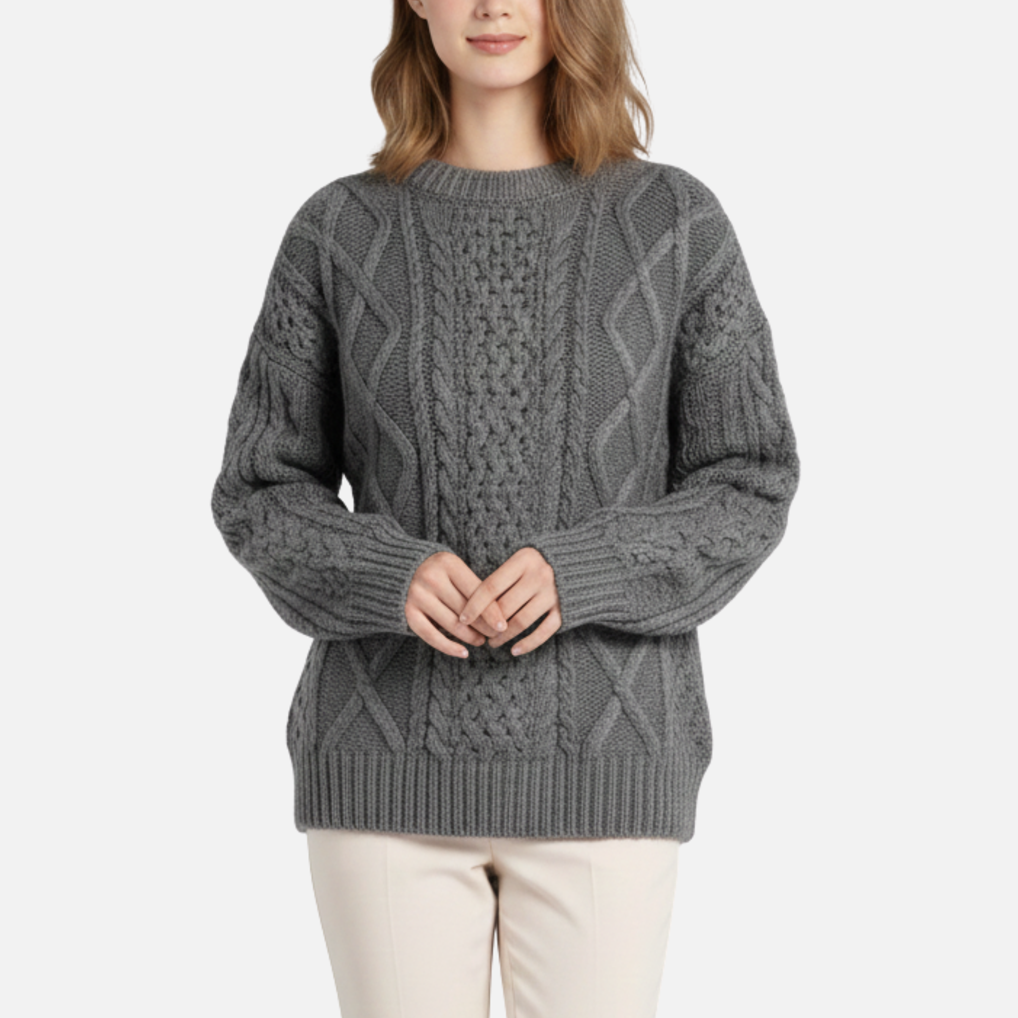 Women's Cable Knit Wool Sweater – Elegant Round Neck Design